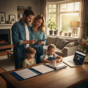 Gezin aan keukentafel bespreekt financiële zekerheid en overlijdensrisicoverzekering voor nabestaanden
